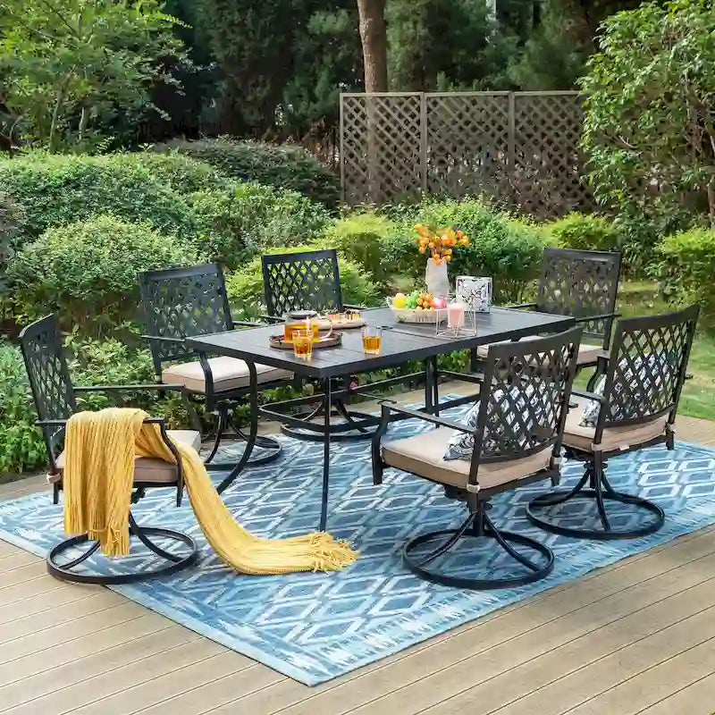 MAISON ARTS 7 Pieces Patio Dining Set, 6 x Swivel Dining Chairs with Cushion and 1 Metal Table with 2.6  Umbrella Hole