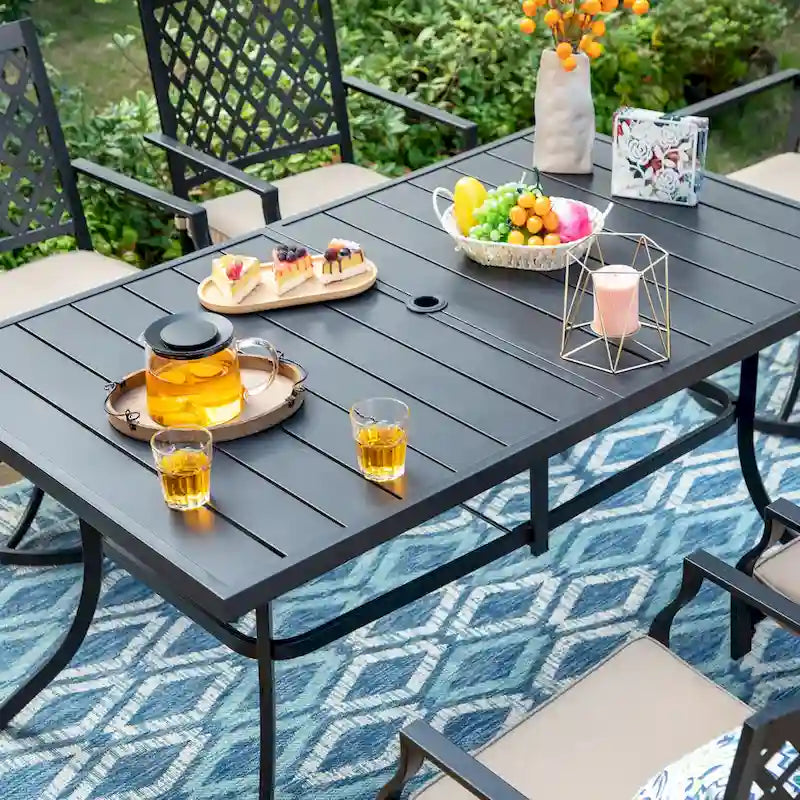 MAISON ARTS 7 Pieces Patio Dining Set, 6 x Swivel Dining Chairs with Cushion and 1 Metal Table with 2.6  Umbrella Hole
