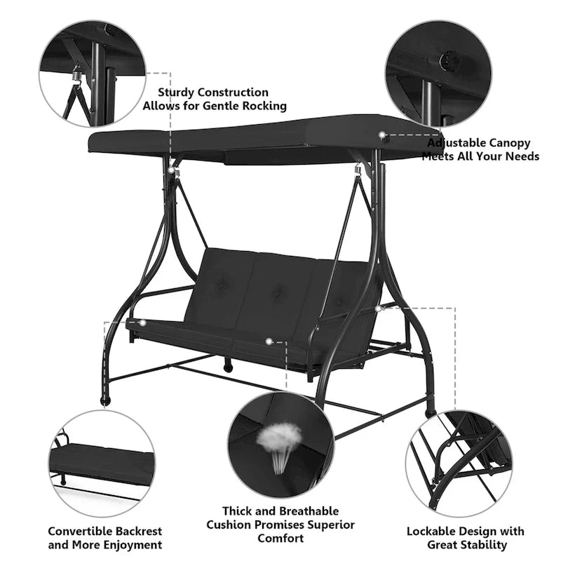 3-Seats Patio Swing Canopy Hammock Porch Swing Glider