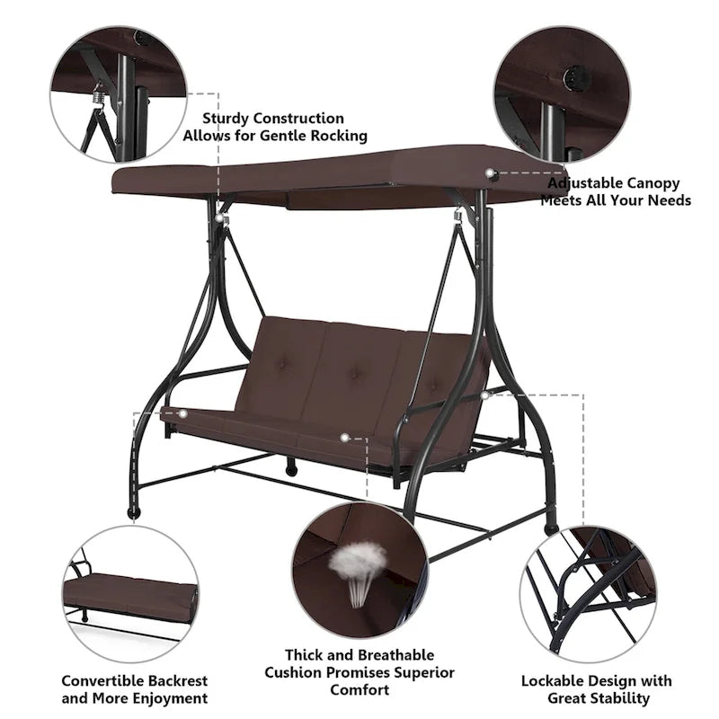 3-Seats Patio Swing Canopy Hammock Porch Swing Glider