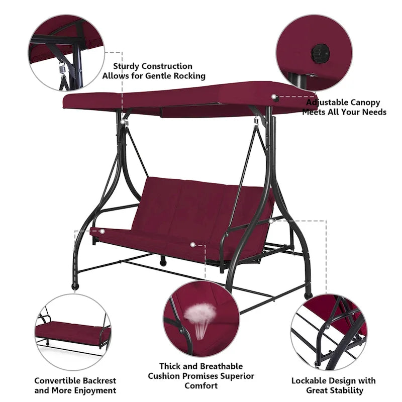 3-Seats Patio Swing Canopy Hammock Porch Swing Glider