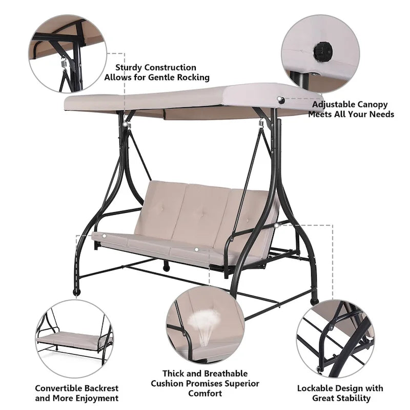 3-Seats Patio Swing Canopy Hammock Porch Swing Glider