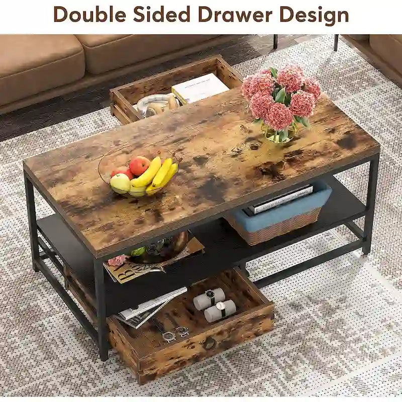 Mid-Century Coffee Table with Open Storage and Cabinet - Brown and Black