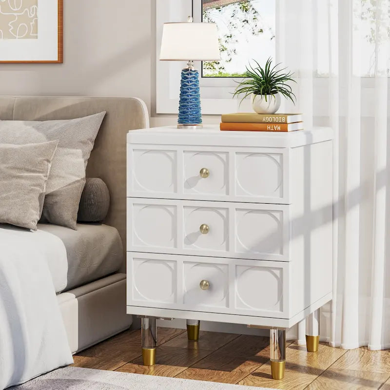 3-Drawer Nightstand with Gold Acrylic Legs - White and Gold