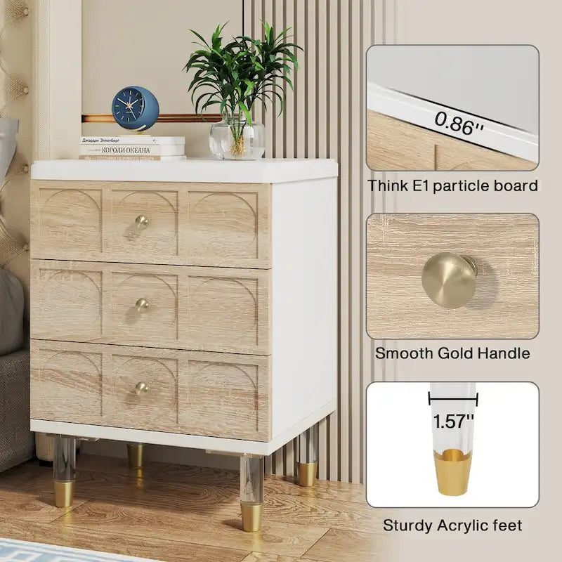 3-Drawer Nightstand with Gold Acrylic Legs - White and Gold