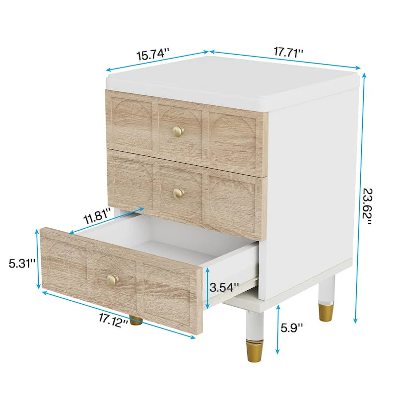 3-Drawer Nightstand with Gold Acrylic Legs - White and Gold
