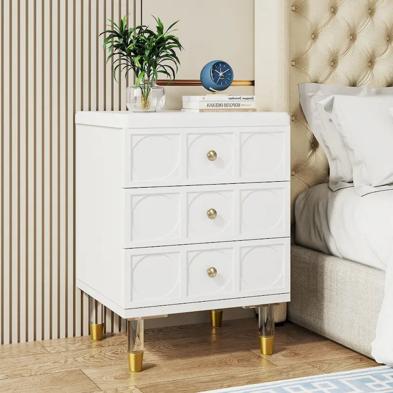 3-Drawer Nightstand with Gold Acrylic Legs - White and Gold