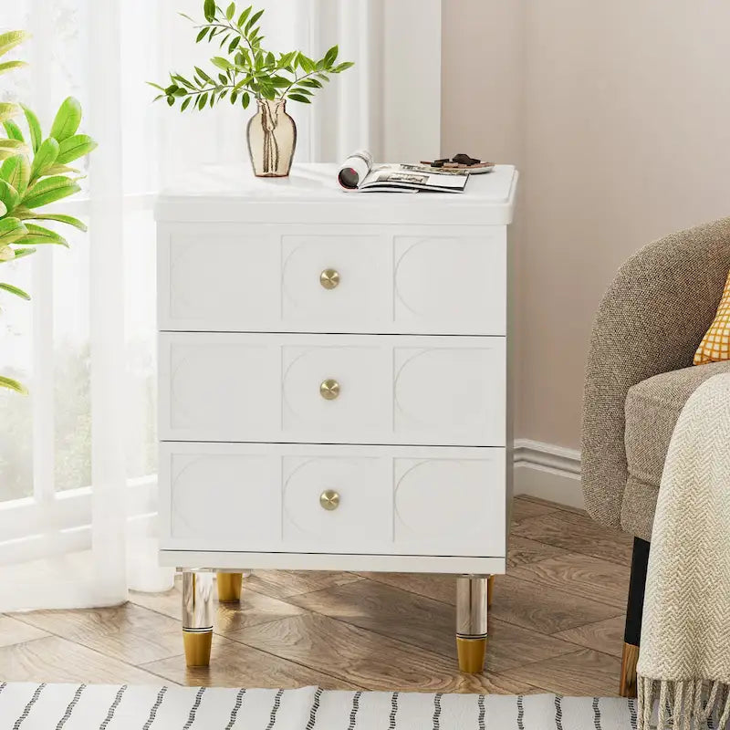 3-Drawer Nightstand with Gold Acrylic Legs - White and Gold