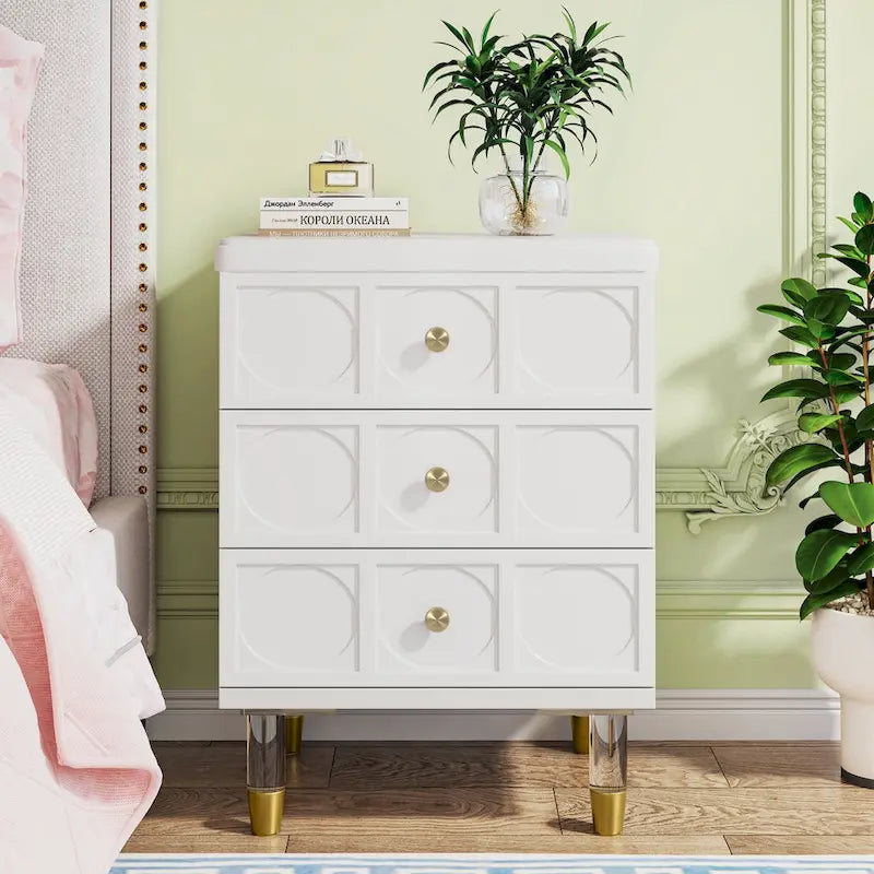 3-Drawer Nightstand with Gold Acrylic Legs - White and Gold