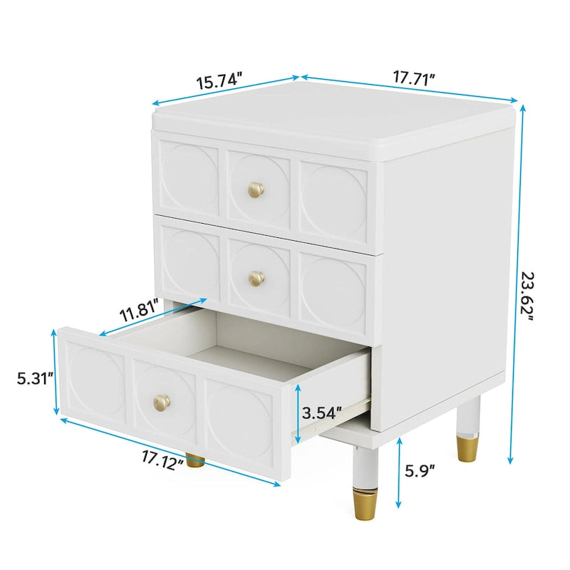 3-Drawer Nightstand with Gold Acrylic Legs - White and Gold