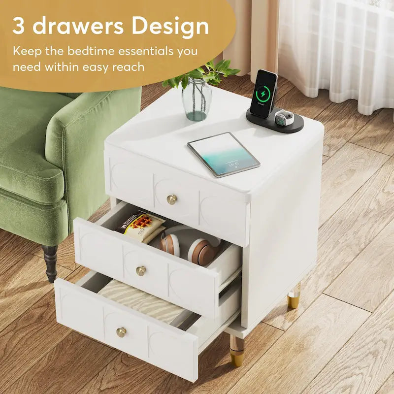 3-Drawer Nightstand with Gold Acrylic Legs - White and Gold