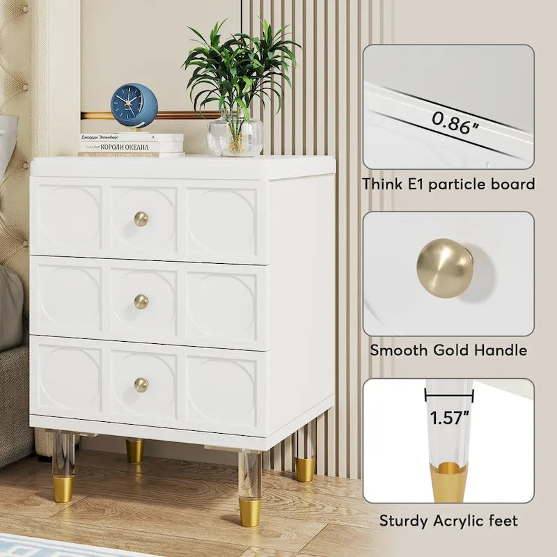 3-Drawer Nightstand with Gold Acrylic Legs - White and Gold