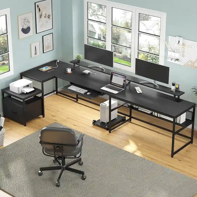 Reversible U-Shaped Computer Desk with File Drawer and Power Outlet - Black