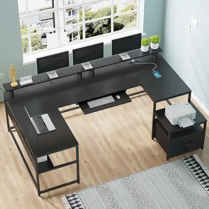 Reversible U-Shaped Computer Desk with File Drawer and Power Outlet - Black