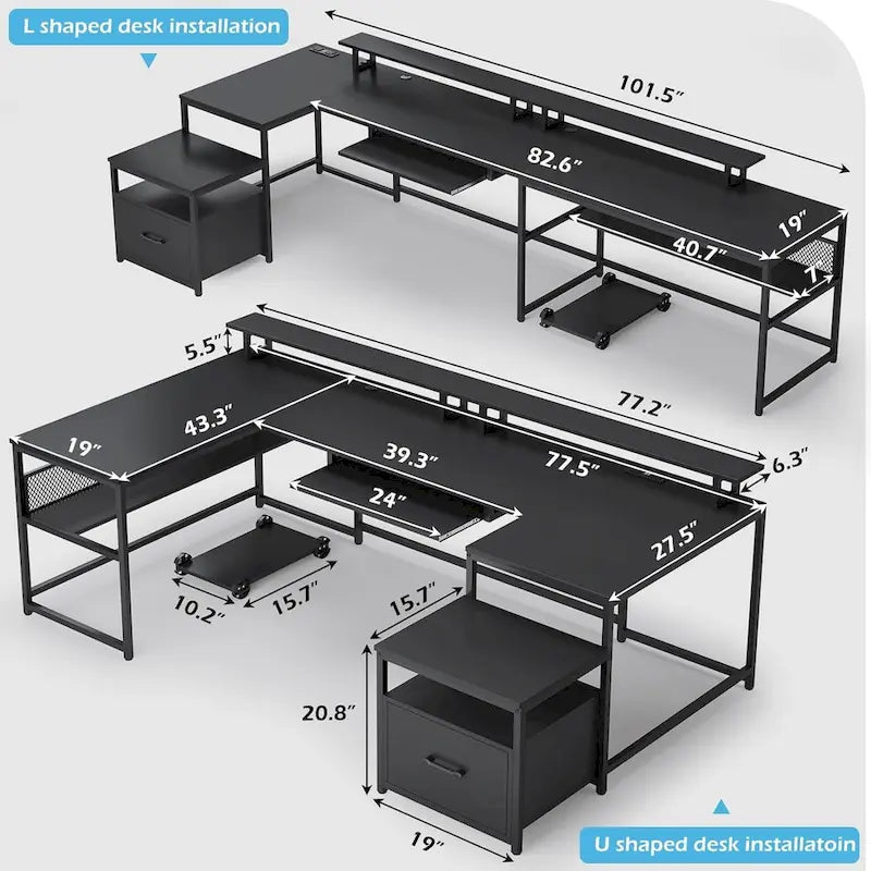 Reversible U-Shaped Computer Desk with File Drawer and Power Outlet - Black