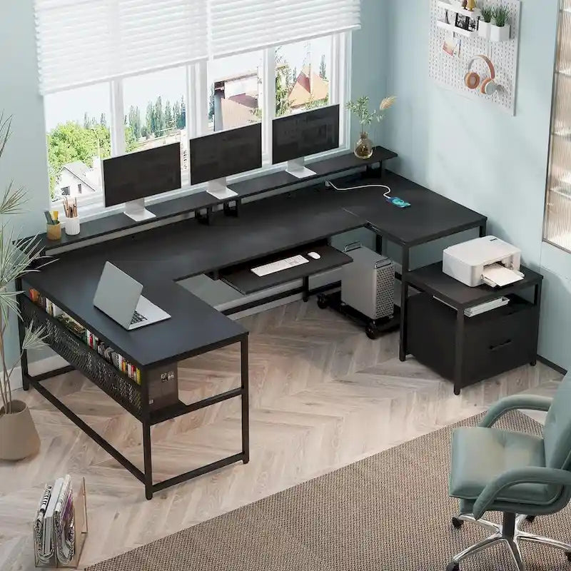 Reversible U-Shaped Computer Desk with File Drawer and Power Outlet - Black