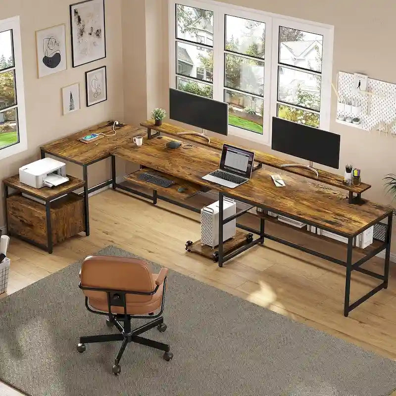 Reversible U-Shaped Computer Desk with File Drawer and Power Outlet - Black