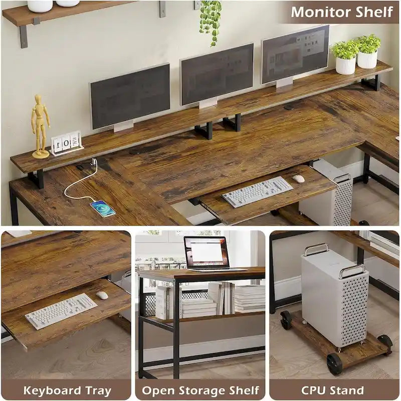 Reversible U-Shaped Computer Desk with File Drawer and Power Outlet - Black