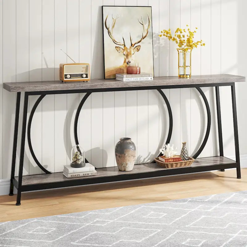 70.9" Extra Long Narrow Console Table with Metal Frame - Grey/Black and Brown/Black