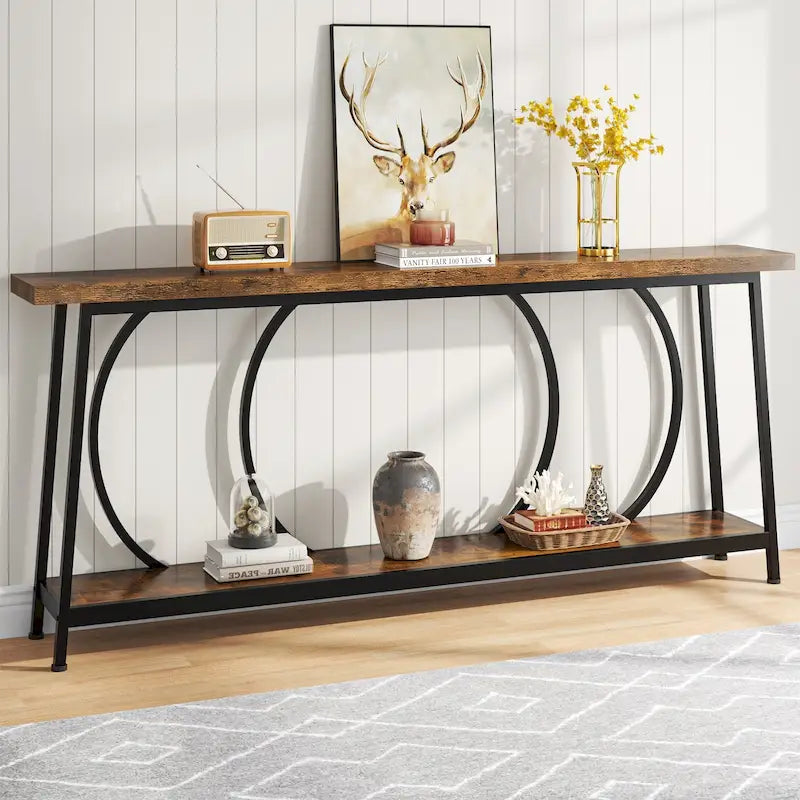70.9" Extra Long Narrow Console Table with Metal Frame - Grey/Black and Brown/Black