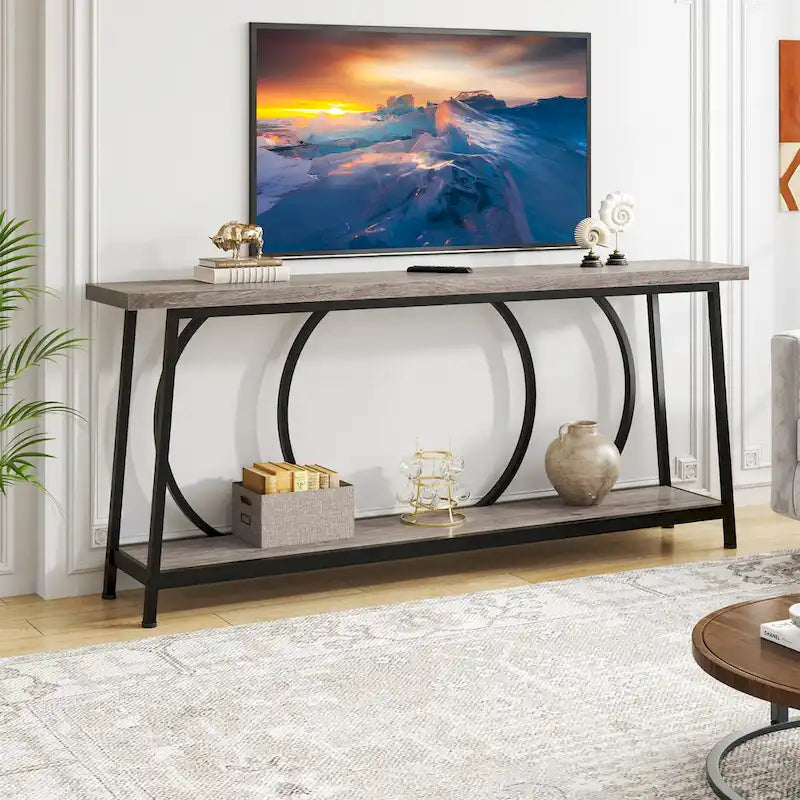 70.9" Extra Long Narrow Console Table with Metal Frame - Grey/Black and Brown/Black