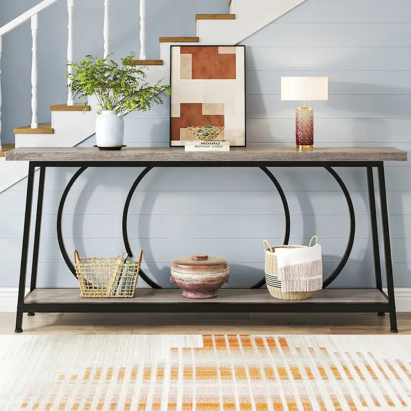 70.9" Extra Long Narrow Console Table with Metal Frame - Grey/Black and Brown/Black