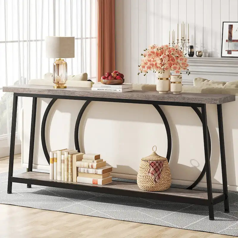 70.9" Extra Long Narrow Console Table with Metal Frame - Grey/Black and Brown/Black