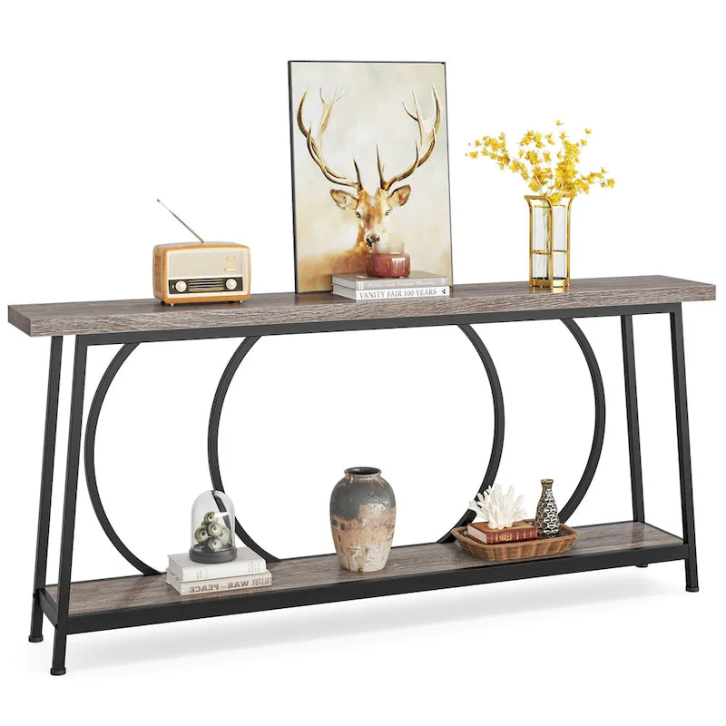 70.9" Extra Long Narrow Console Table with Metal Frame - Grey/Black and Brown/Black