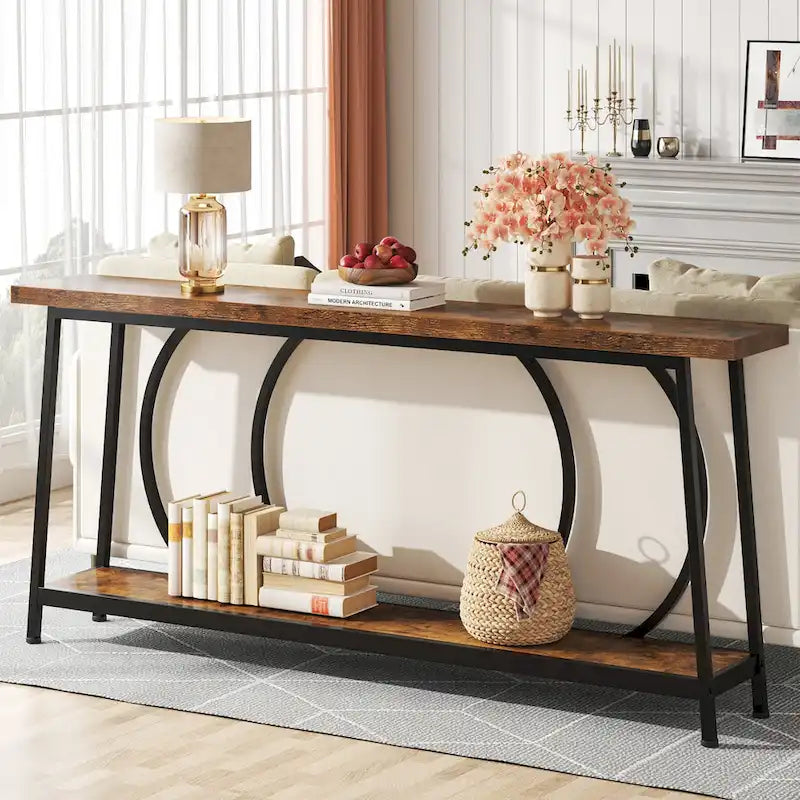 70.9" Extra Long Narrow Console Table with Metal Frame - Grey/Black and Brown/Black