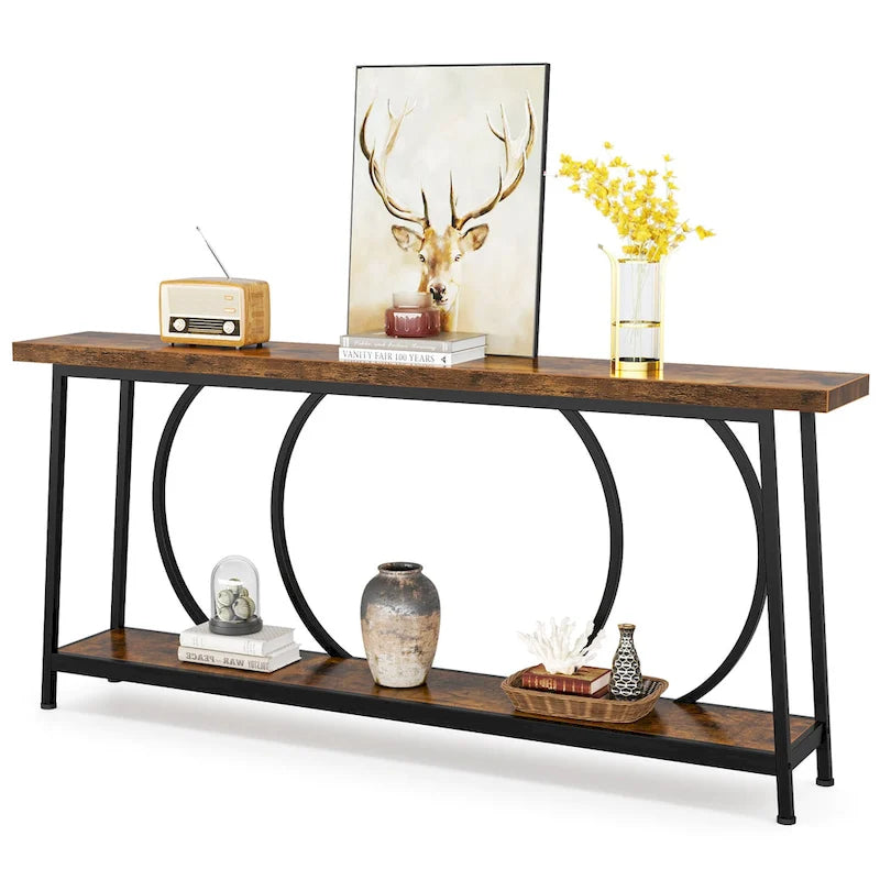 70.9" Extra Long Narrow Console Table with Metal Frame - Grey/Black and Brown/Black