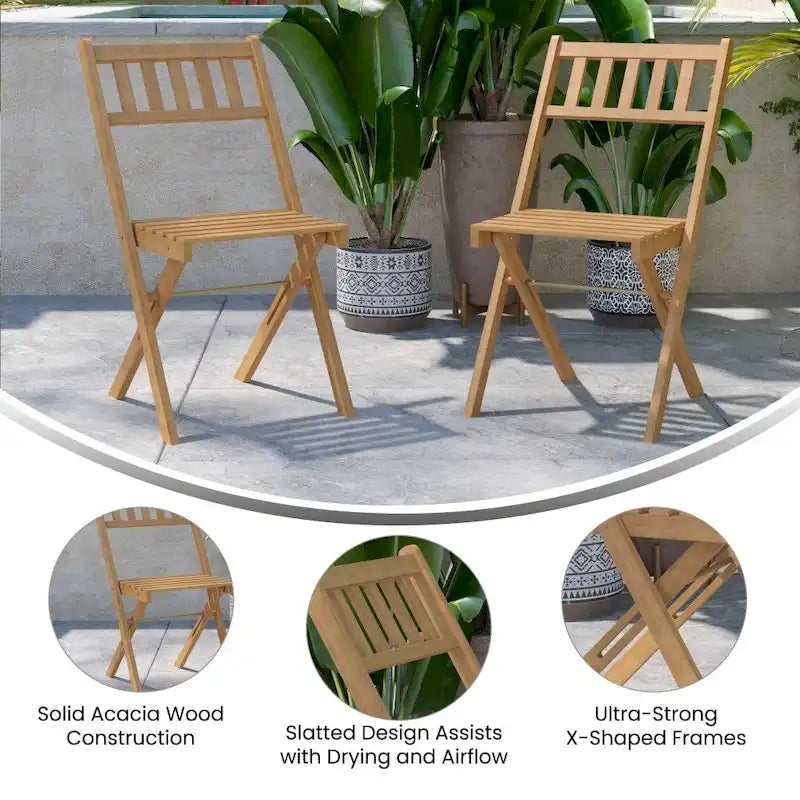 Indoor/Outdoor Solid Acacia Wood Folding Bistro Chairs - Set of 2 - 19.5 D x 17.25 W x 33 H