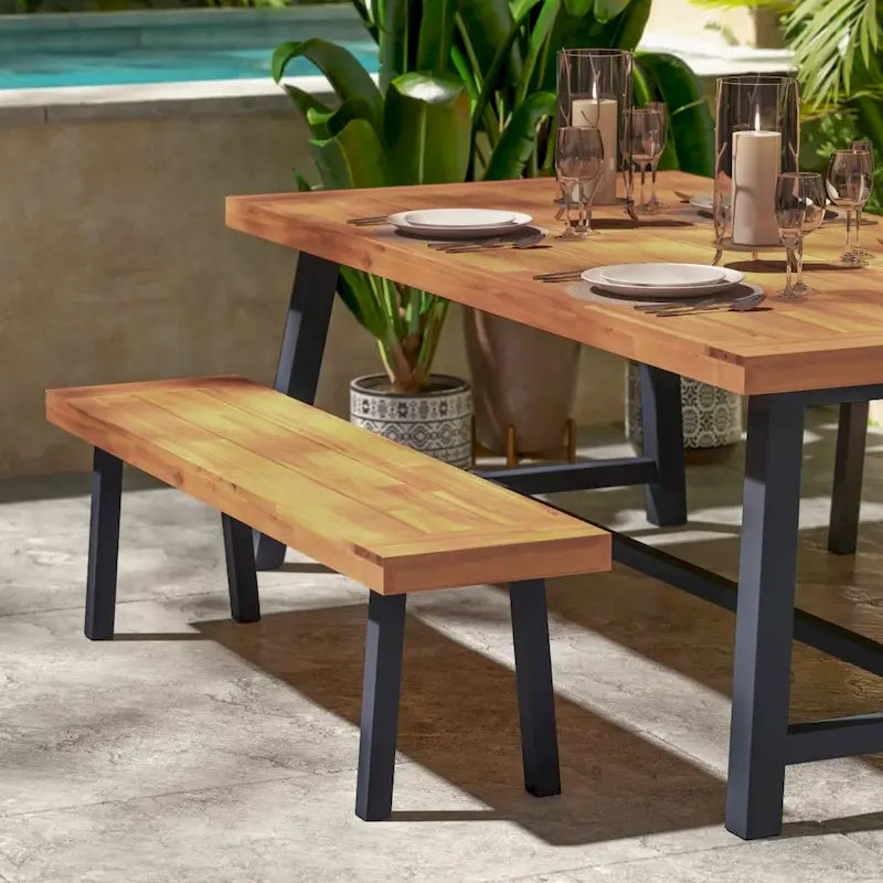 Indoor/Outdoor Solid Acacia Wood Slat Top Bench with Wood Legs