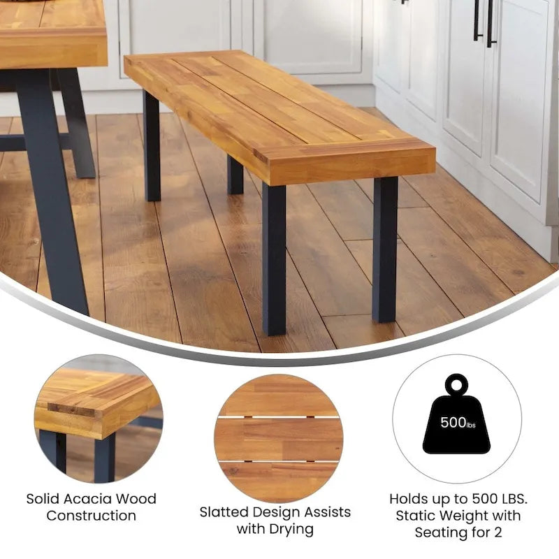 Indoor/Outdoor Solid Acacia Wood Slat Top Bench with Wood Legs