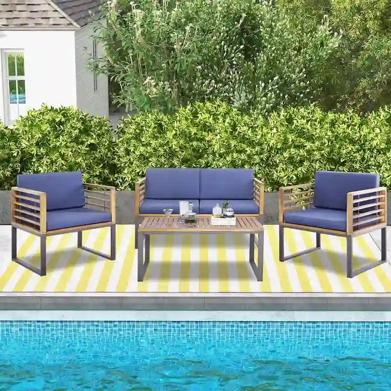Costway 4pcs Patio Acacia Wood Chair Table Loveseat Cushioned - See Details