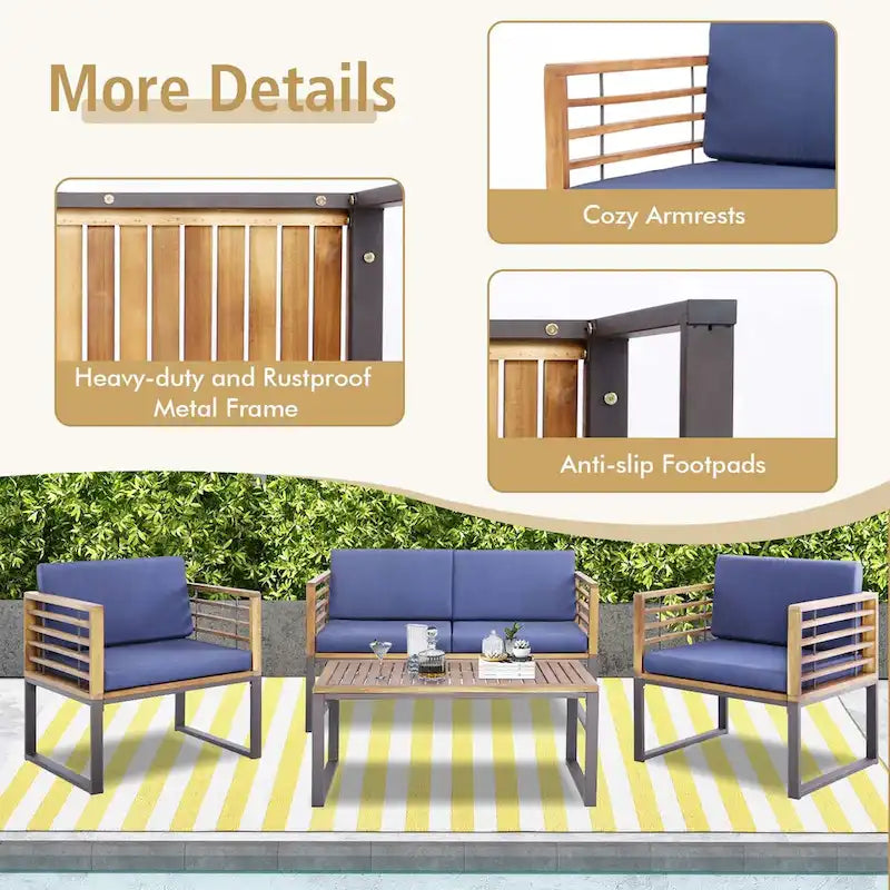 Costway 4pcs Patio Acacia Wood Chair Table Loveseat Cushioned - See Details