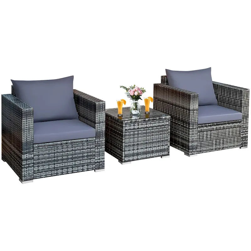 Costway 3 PCS Patio Rattan Furniture Bistro Set Cushioned Sofa Chair - See Details