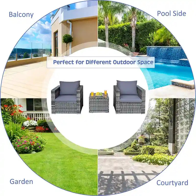 Costway 3 PCS Patio Rattan Furniture Bistro Set Cushioned Sofa Chair - See Details