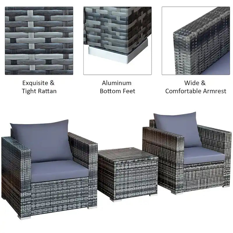 Costway 3 PCS Patio Rattan Furniture Bistro Set Cushioned Sofa Chair - See Details
