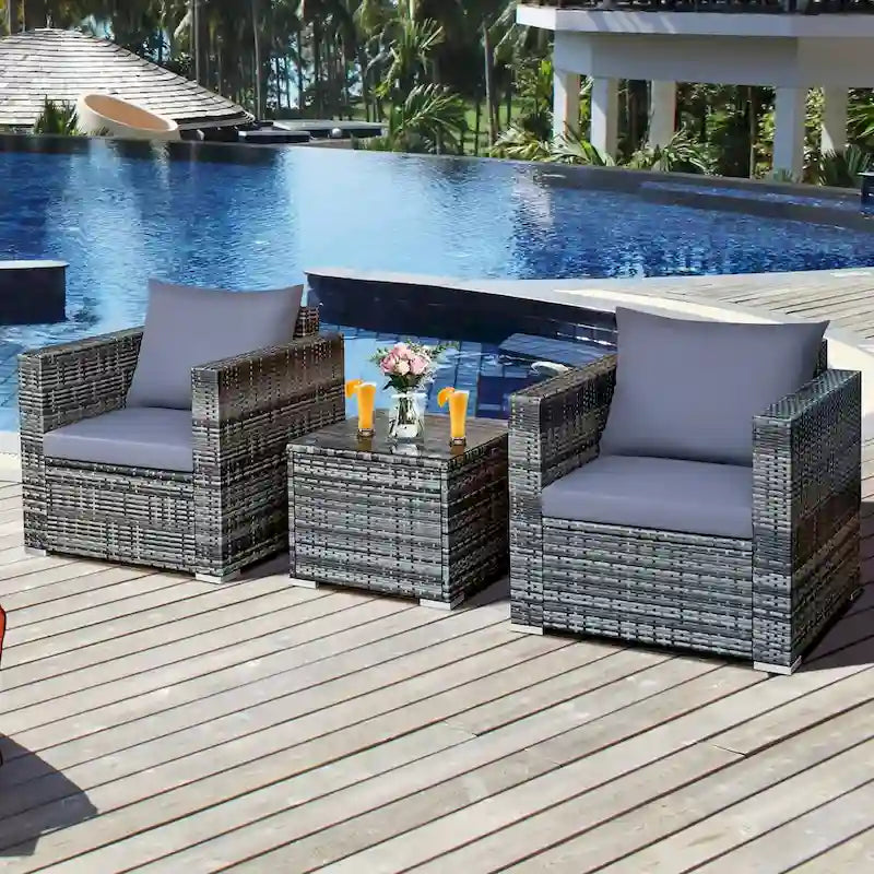 Costway 3 PCS Patio Rattan Furniture Bistro Set Cushioned Sofa Chair - See Details
