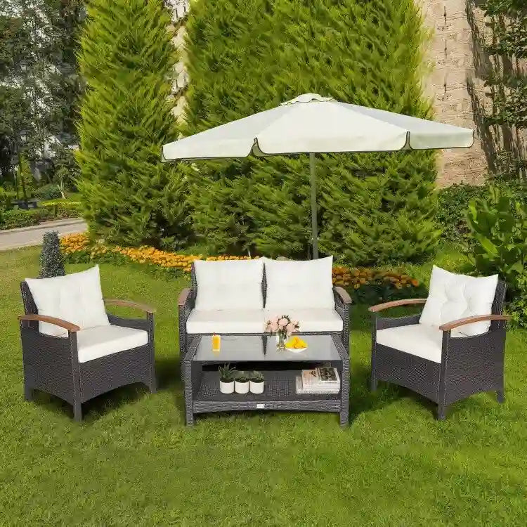 4 Pieces Patio Rattan Furniture Set with Cushioned Sofa and Storage Table - 46.5  x 23.5  x 30  (L x W x H)