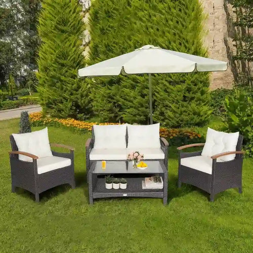 4 Pieces Patio Rattan Furniture Set with Cushioned Sofa and Storage Table - 46.5  x 23.5  x 30  (L x W x H)