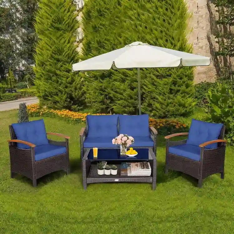4 Pieces Patio Rattan Furniture Set with Cushioned Sofa and Storage Table - 46.5  x 23.5  x 30  (L x W x H)