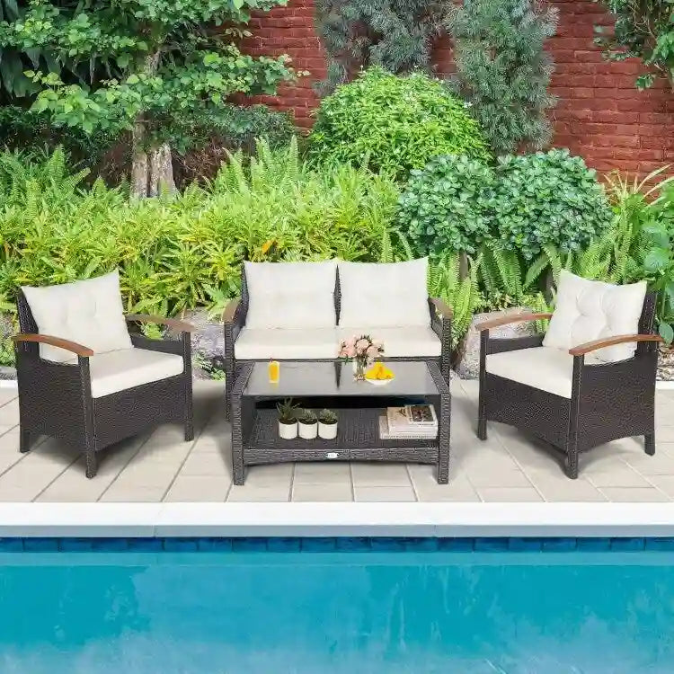 4 Pieces Patio Rattan Furniture Set with Cushioned Sofa and Storage Table - 46.5  x 23.5  x 30  (L x W x H)