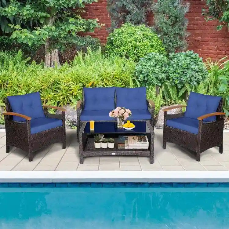 4 Pieces Patio Rattan Furniture Set with Cushioned Sofa and Storage Table - 46.5  x 23.5  x 30  (L x W x H)