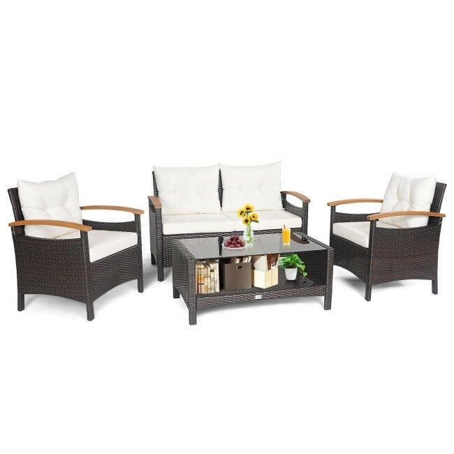 4 Pieces Patio Rattan Furniture Set with Cushioned Sofa and Storage Table - 46.5  x 23.5  x 30  (L x W x H)