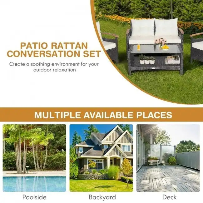 4 Pieces Patio Rattan Furniture Set with Cushioned Sofa and Storage Table - 46.5  x 23.5  x 30  (L x W x H)