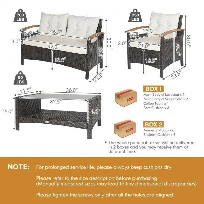 4 Pieces Patio Rattan Furniture Set with Cushioned Sofa and Storage Table - 46.5  x 23.5  x 30  (L x W x H)