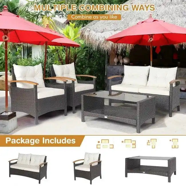 4 Pieces Patio Rattan Furniture Set with Cushioned Sofa and Storage Table - 46.5  x 23.5  x 30  (L x W x H)