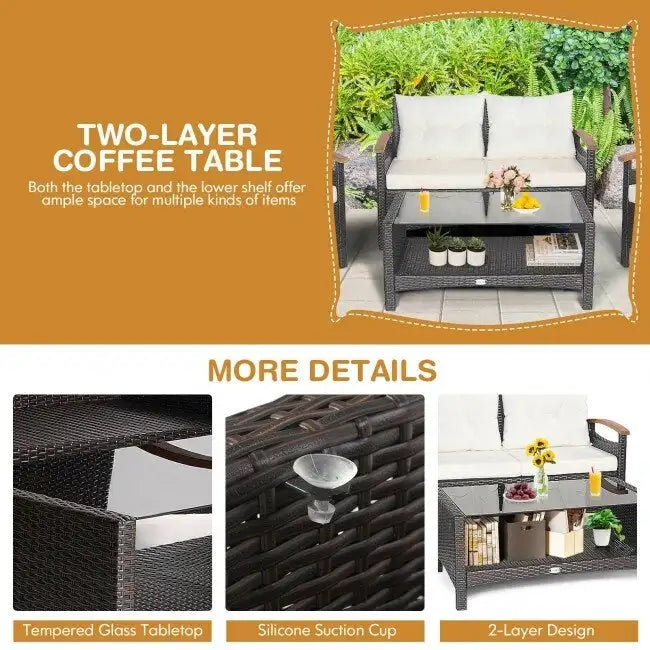 4 Pieces Patio Rattan Furniture Set with Cushioned Sofa and Storage Table - 46.5  x 23.5  x 30  (L x W x H)