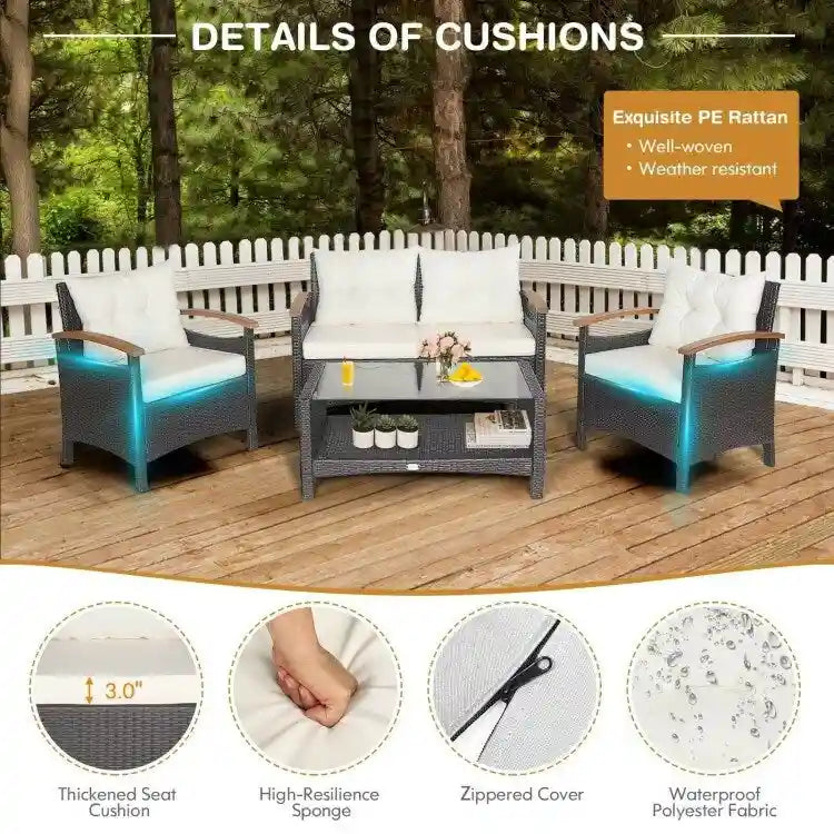 4 Pieces Patio Rattan Furniture Set with Cushioned Sofa and Storage Table - 46.5  x 23.5  x 30  (L x W x H)